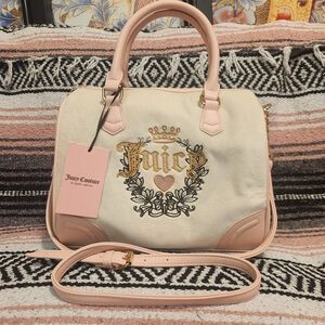 JUICY COUTURE Urban Heritage Bowler Velour Crossbody Bag in cream pink